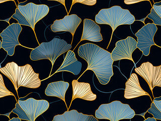 Ginkgo biloba abstract top view in blue golden colors, line design - 614495944