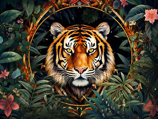 Tiger portrait in jungle, art deco style - 614495948