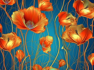 Red poppies in art deco style, art design - 614495953