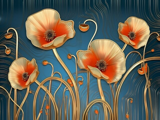 Red poppies in art deco style - 614495954