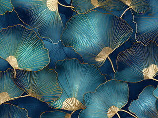 Ginkgo biloba abstract top view in blue golden colors, line design - obrazy, fototapety, plakaty