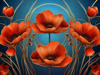 Red poppies in art deco style, line design - 614495959