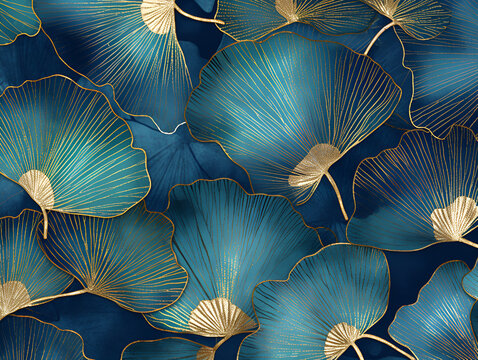 Fototapeta Ginkgo biloba abstract top view in blue golden colors, line design