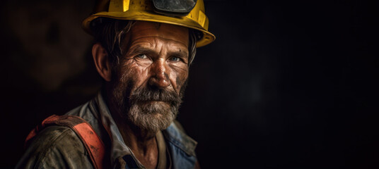 Obraz premium Older Caucasian man with face dirty, helmet on his head, dark background space for text right, to emphasise deep mine - natural resource miner, hard working conditions mining industry. Generative AI