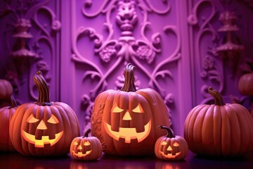A close - up photograph of a Halloween celebration with a pastel purple studio backdrop. Halloween pumpkins. Generative AI