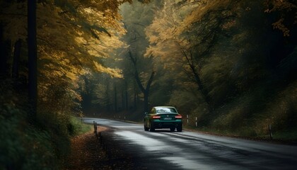 Obraz premium Auto fährt auf einer Straße mit vielen Bäumen am Rand (KI-/AI-generiert)