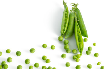 Fresh green vegetable pea pods and beans isolated on white background