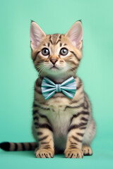 Bengal cat kitten with bowtie on pastel green background