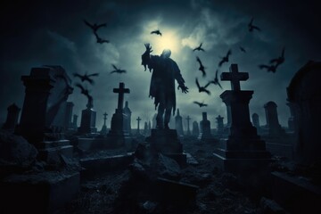 Fototapeta na wymiar A close - up photograph depicting a spooky Halloween scene in a dark, moonlit graveyard. Generative AI