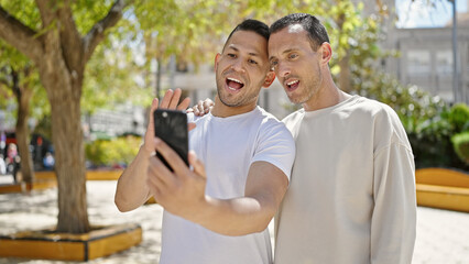 Two men couple smiling confident having video call at park