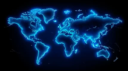 Gordijnen Blue Glowing World Map on black background. Earth at night. AI Generative © Formatoriginal