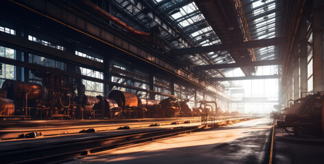 Fototapeta na wymiar Large hall with heavy machinery, glowing metal and sparks - metallurgical factory as imagined by Generative AI