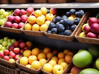 A picture of fruits in basket with fruits on shelf in market, created with generative ai, ki