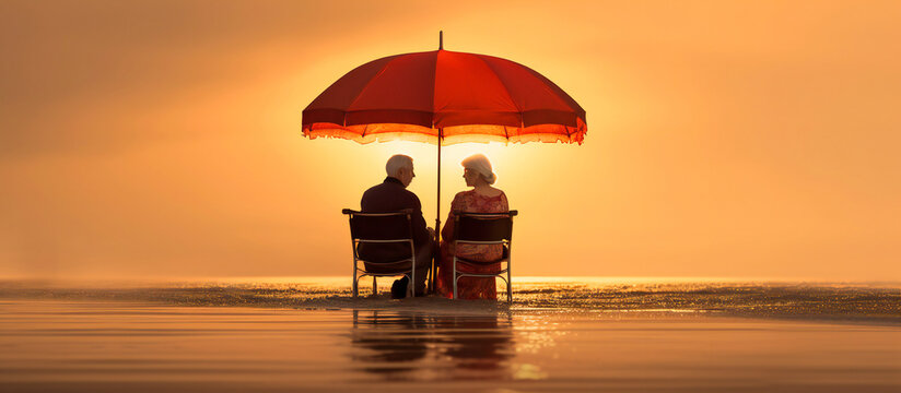 An older couple sitting under an umbrella on the beach at sunset. Retirement concept.