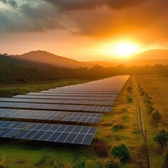 wind turbines in the sunset, solar farm landscape