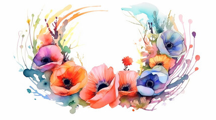 Obraz na płótnie Canvas red poppies watercolor wreath frame on white background. generative ai