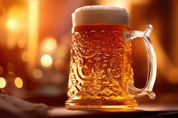 A close - up photo of a traditional Oktoberfest beer stein filled with frothy beer. Generative AI