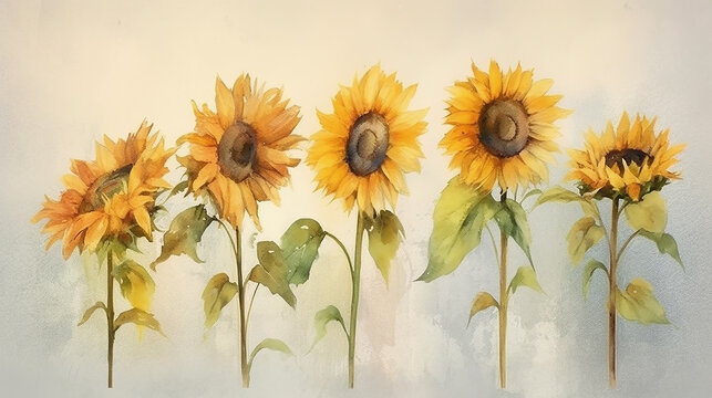 sunflowers watercolor on a white background, summer flowers. generative ai