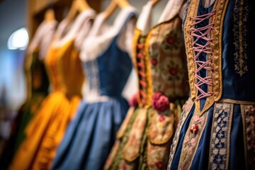 Fototapeta na wymiar A close - up photo of a group of traditional Oktoberfest dirndl dresses, showcasing their vibrant colors and intricate details. Generative AI