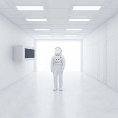 Astronaut standing in white spaceship room.