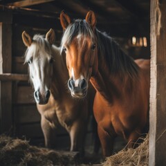 Adorable horses, Portrait of an adorable brown horse with a white face in wooden stable.