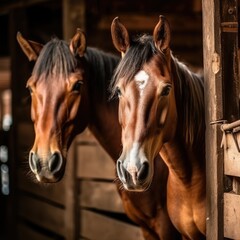 Obraz premium Adorable horses, Portrait of an adorable brown horse with a white face in wooden stable.
