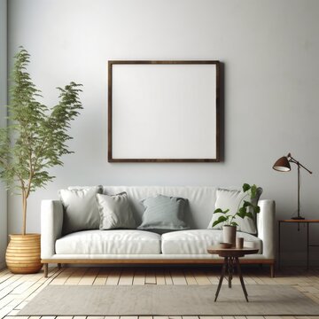 Poster mockup with frame on empty wall in living room interior.