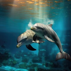 Fototapeta premium Ocean Life, Two dolphins playing under the sea.