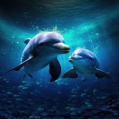 Naklejka premium Lovely dolphin playing together in underwater marine world.