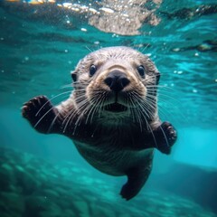 Cute Sea Otter Playing Underwater, Otter underwater.