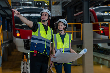 Railway technicians collaborate with engineers to inspect the electric train propulsion system in order to maintain the electric trains in the depot.