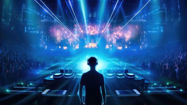 Dj in nightclub scene show in discotech dance club over the audience and crowd, EDM night scene of electronic music festival.