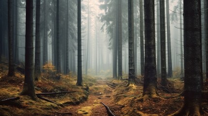 Forest trail among the deciduous and coniferous trees, Foggy forest among trees.
