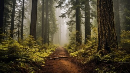 Mysterious toned forest pathway. Footpath in the dark, foggy, autumnal, cold forest among high trees.
