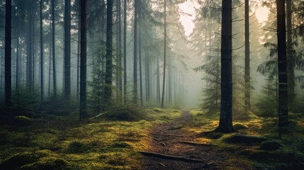Fototapeta premium Forest trail among the deciduous and coniferous trees, Foggy forest among trees.