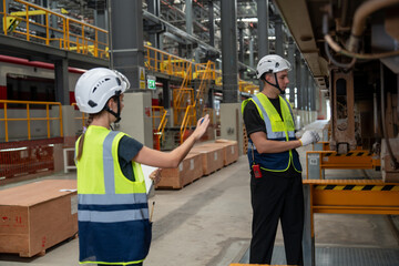 Railway technicians collaborate with engineers to inspect the electric train propulsion system in...