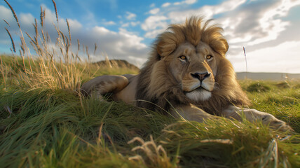Fototapeta na wymiar lion in the savanna african wildlife landscape. generative Ai