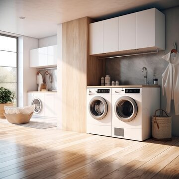 Modern laundry room interior with white brick walls, Wooden consoles and shelves with washing machines.
