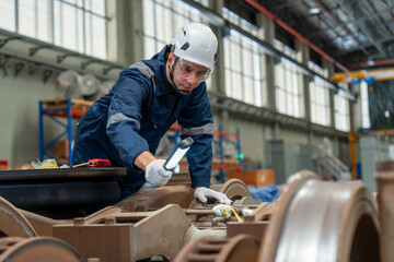 engineer inspecting electric train repair and maintenance in maintenance station