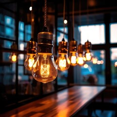 Group of vintage bulbs lights with Loft style lamp in coffee shop, Retro lighting,  Light interior decoration concept