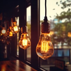 Antique edison style light bulbs in coffee shop background with retro lighting bright.