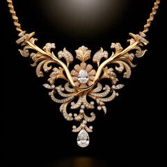 Elegant luxury bridal necklace on dark background, Personal ornaments.