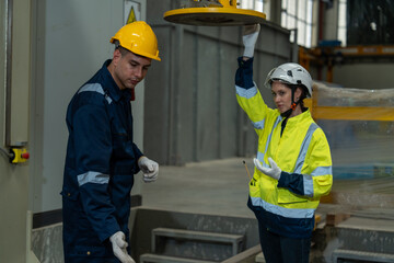 Railway engineers and technicians checking train repair and maintenance tools in shed