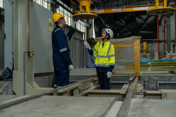 Railway engineers and technicians checking train repair and maintenance tools in shed