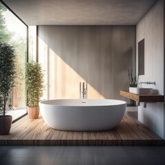 Bathroom with white bathtub and sinks and shower area, Minimalist design of modern bathroom.