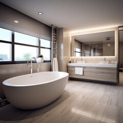 Bathroom with white bathtub and sinks and shower area, Minimalist design of modern bathroom.