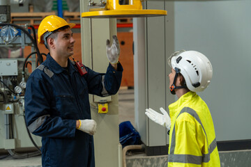 Railway engineers and technicians checking train repair and maintenance tools in shed