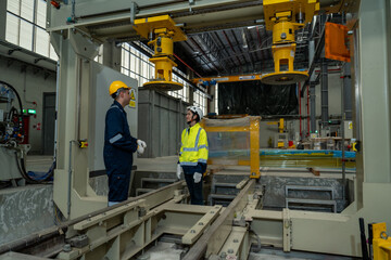 Railway engineers and technicians checking train repair and maintenance tools in shed