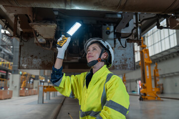 Female engineer inspecting electric train repair and maintenance in maintenance station