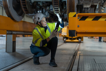 Fototapeta na wymiar Female engineer inspecting electric train repair and maintenance in maintenance station
